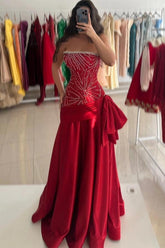 27Dress Mermaid Red Beading Satin Prom Dress Strapless Sleeveless with Bow