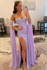 Mermaid Sweetheart Spaghetti Straps Satin Beading Long Prom Dresses with Slit