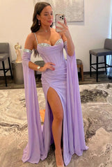 Mermaid Sweetheart Spaghetti Straps Satin Beading Long Prom Dresses with Slit