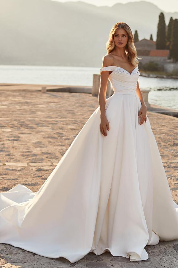 Elegant A-Line Off-the-Shoulder Satin Beading Long Wedding Dresses