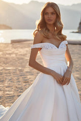 Elegant A-Line Off-the-Shoulder Satin Beading Long Wedding Dresses