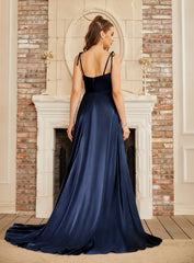 Navy Cowl Neck Satin A-Line Long Prom Dress with Bow Back View