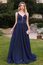 Navy Deep V-Neck Sequin A-Line Long Prom Dress with Lace Appliques