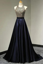 Navy Halter Satin A-Line Long Prom Dress with Beading
