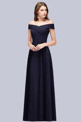 Navy Off The Shoulder A-Line Long Bridesmaid Dress