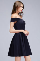 Navy Off The Shoulder A-Line Short Bridesmaid Dress Side View