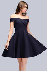 Navy Off The Shoulder A-Line Short Bridesmaid Dress
