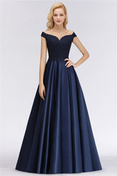 Navy Off The Shoulder Satin A-Line Long Bridesmaid Dress