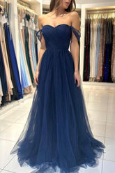 Navy Off The Shoulder Tulle A-Line Long Prom Dress
