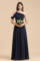 Navy One Shoulder Chiffon A-Line Long Bridesmaid Dress