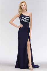 Navy One Shoulder Sheath Long Bridesmaid Dress with Slit