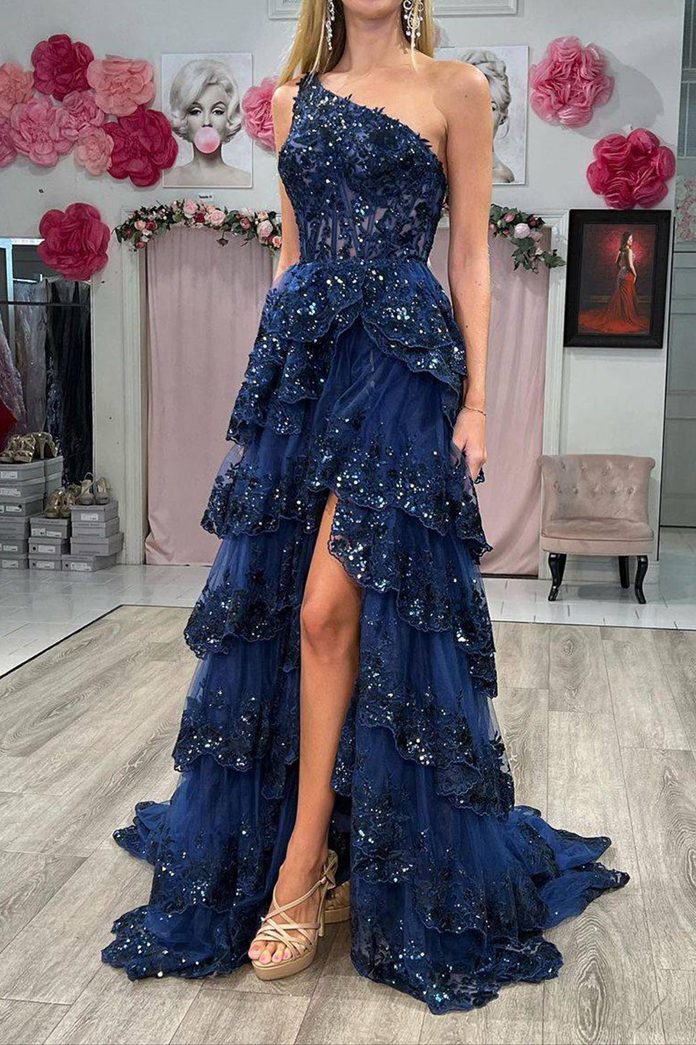 Navy One Shoulder Tulle A-Line Long Prom Dress with Slit