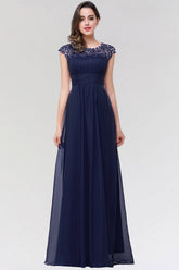 Navy Scoop Neck Chiffon A-Line Long Bridesmaid Dress