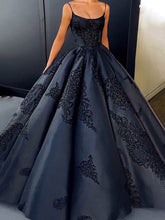 Navy Scoop Neck Satin Ball Gown Long Prom Dress with Lace Appliques
