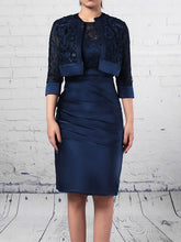 Navy Scoop Neck Sheath Mother of the Bride Dress with Lace Appliques and Ruching