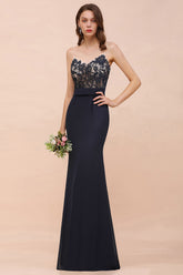 Navy Spaghetti Strap Mermaid Long Bridesmaid Dress