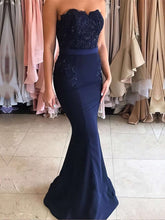 Navy Strapless Mermaid Long Prom Dress with Lace Appliques