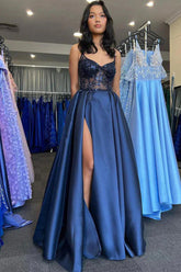 Navy Sweetheart Satin A-Line Long Prom Dress with Slit
