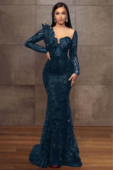 Navy Sweetheart Sequin Mermaid Long Evening Dress with Long Sleeves