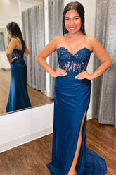 Navy Sweetheart Sheath Long Prom Dress with Lace Appliques and Slit