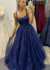 Navy Sweetheart Tulle A-Line Long Prom Dress with Corset Bodice