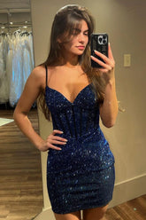 Navy V-Neck Bodycon Homecoming Dress with Rhinestones