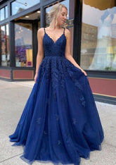 Navy V-Neck Tulle A-Line Long Prom Dress with Lace Appliques