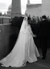 Off The Shoulder Satin A-Line Wedding Dress with Pockets and 3/4 Sleeves Back View