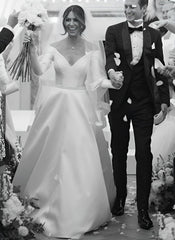 Off The Shoulder Satin A-Line Wedding Dress with Pockets and 3/4 Sleeves