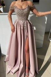 Pink Strapless A-Line Satin Side Split Prom Dresses with Beadings