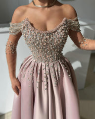 Pink Strapless A-Line Satin Side Split Prom Dresses with Beadings