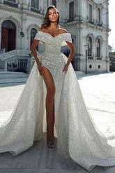 Elegant Mermaid Off-the-Shoulder Sequined Long Wedding Dresses With Split