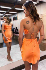 Orange Cowl Neck Satin Bodycon Homecoming Dress Back View