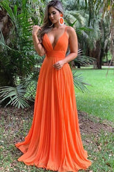 Orange Deep V-Neck Chiffon A-Line Long Prom Dress with Pleats