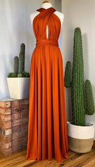 Orange Deep V-Neck Jersey A-Line Long Bridesmaid Dress
