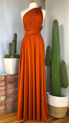 Orange Deep V-Neck Jersey A-Line Long Bridesmaid Dress