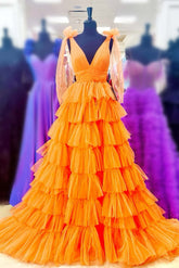 Orange Deep V-Neck Tulle Ball Gown Long Prom Dress with Ruffles