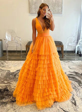 Orange Deep V-Neck Tulle Ball Gown Long Prom Dress