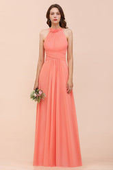 Orange High Neck Chiffon A-Line Long Bridesmaid Dress