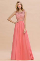 Orange Scoop Neck Chiffon A-Line Long Bridesmaid Dress