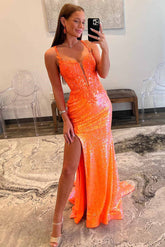 Orange Sweetheart Sequin Mermaid Long Prom Dress with Slit and Lace Appliques