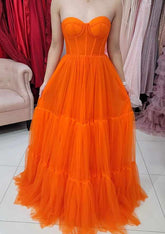 Orange Sweetheart Tulle A-Line Long Prom Dress with Corset Bodice