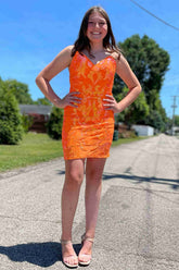 Orange V-Neck Sequin Bodycon Homecoming Dress