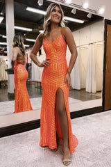 Orange V-Neck Sequin Sheath Long Prom Dress with Slit