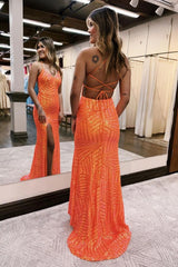 Orange V-Neck Sequin Sheath Long Prom Dress with Slit Back View