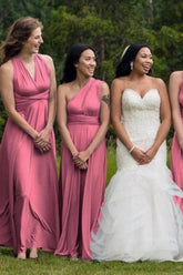 Pink A-Line Long Bridesmaid Dress with Ruching