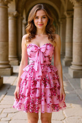 Pink Chiffon A-line Tiered Homecoming Dress with Flower and Bow
