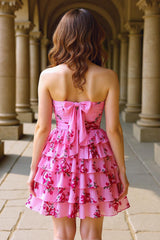 Pink Chiffon A-line Tiered Homecoming Dress with Flower and Bow
