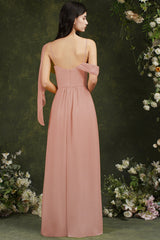 Pink Cowl Neck Chiffon A-Line Long Bridesmaid Dress with Slit Back View