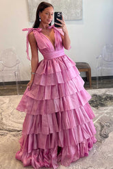 Pink Deep V-Neck A-Line Long Prom Dress with Ruffles